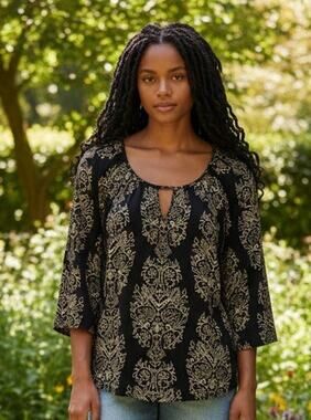 Lucky Brand Batik Floral Blouse Womens Sz 2X Black Tan Viscose Boho 3/4 Sleeve